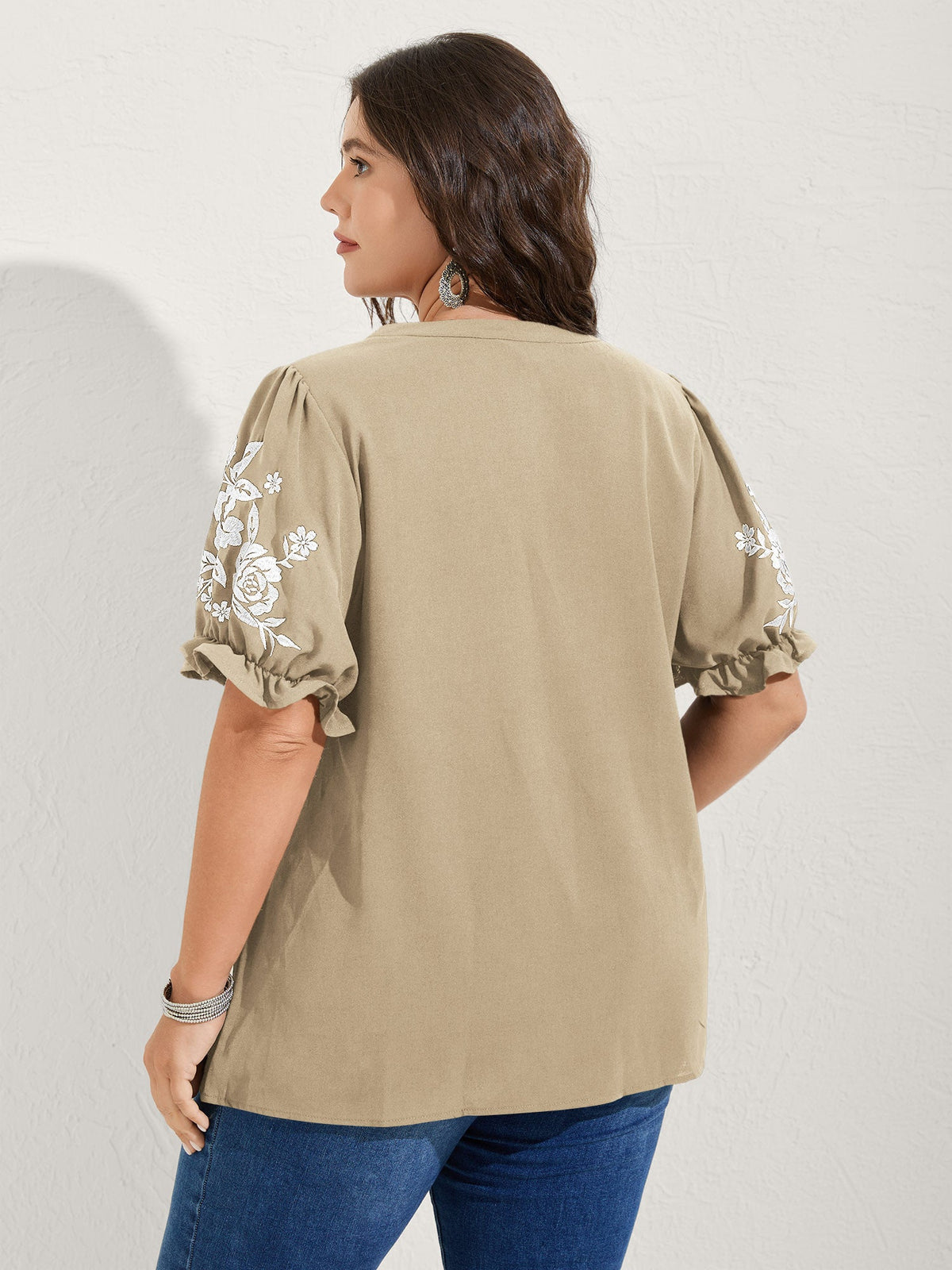 Notched Collar Embroidered Ruffled Blouse