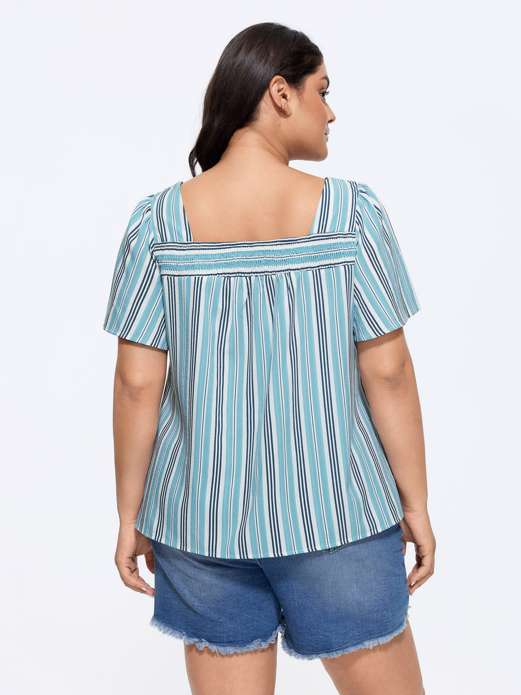 Striped Print Shirred Neckline Blouse