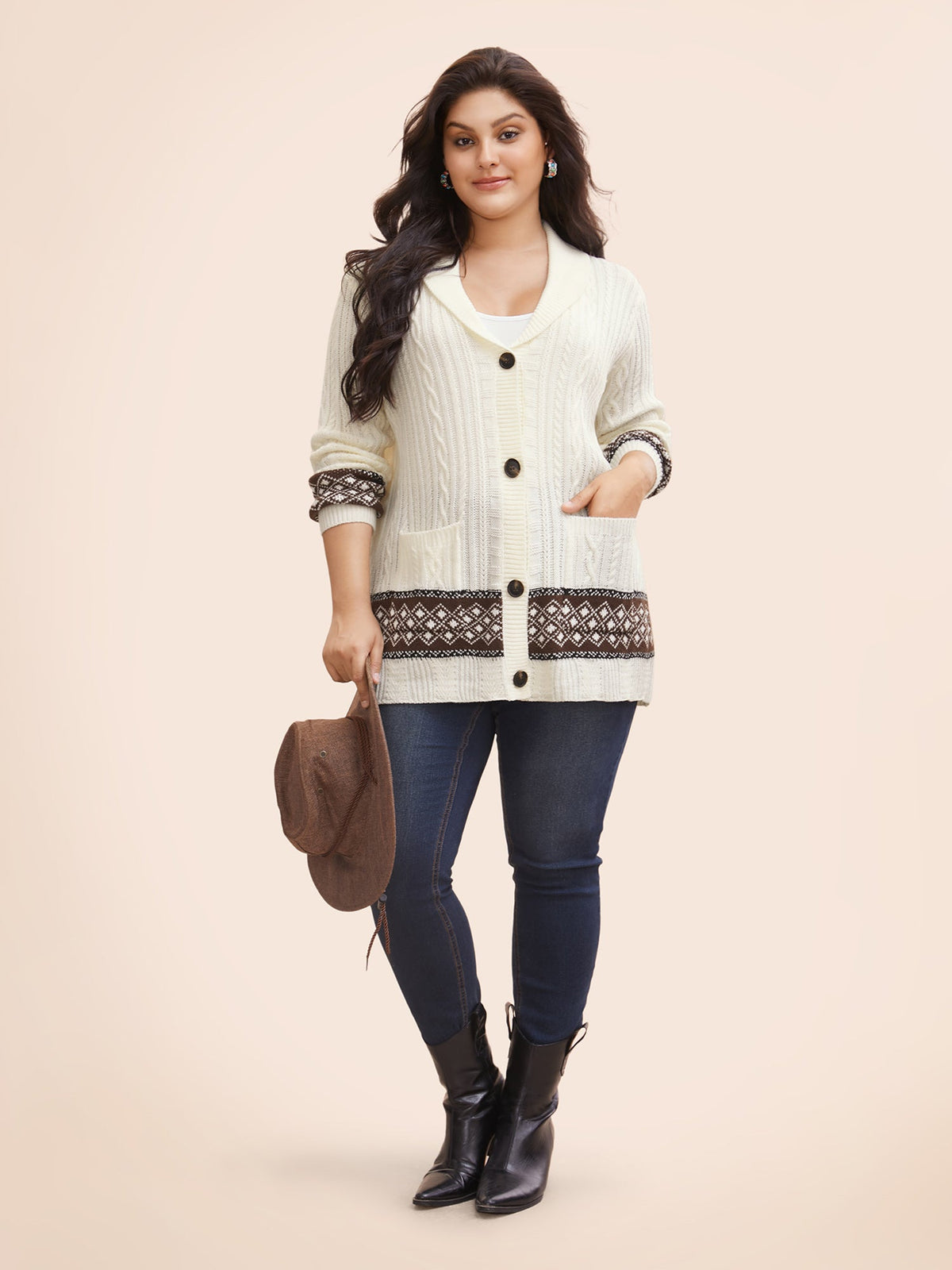 Cable Knit Pockets Collared Cardigan