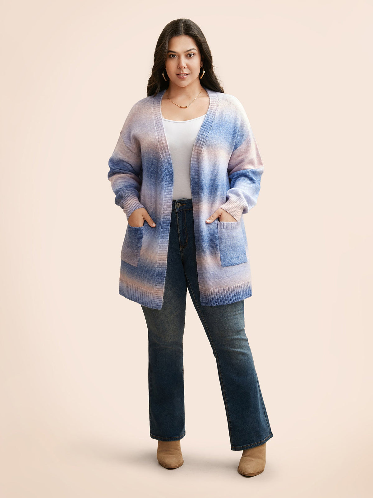 Ombre Kimono Collar Patched Pocket Cardigan