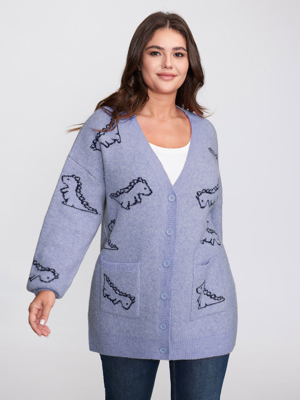 Jacquard Dinosaur Print Knit Cardigan