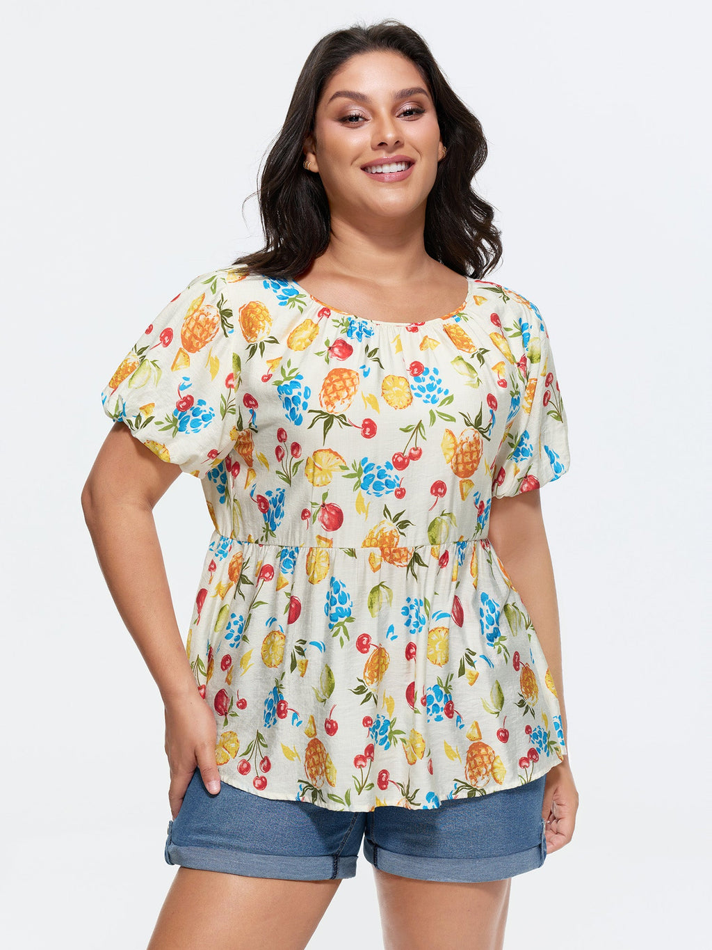 Fruit Print Bowknot Pleated Neckline Blouse