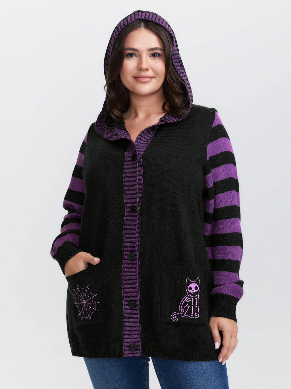 Stripes Sleeve Contrast Hooded Cardigan