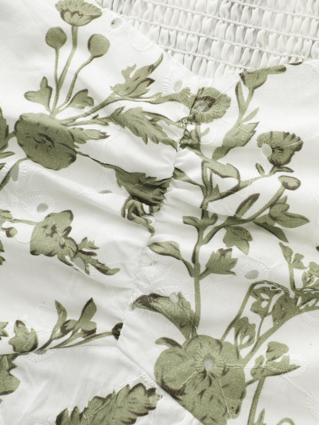 Cotton Floral Print Ruched Bubble Sleeve Blouse