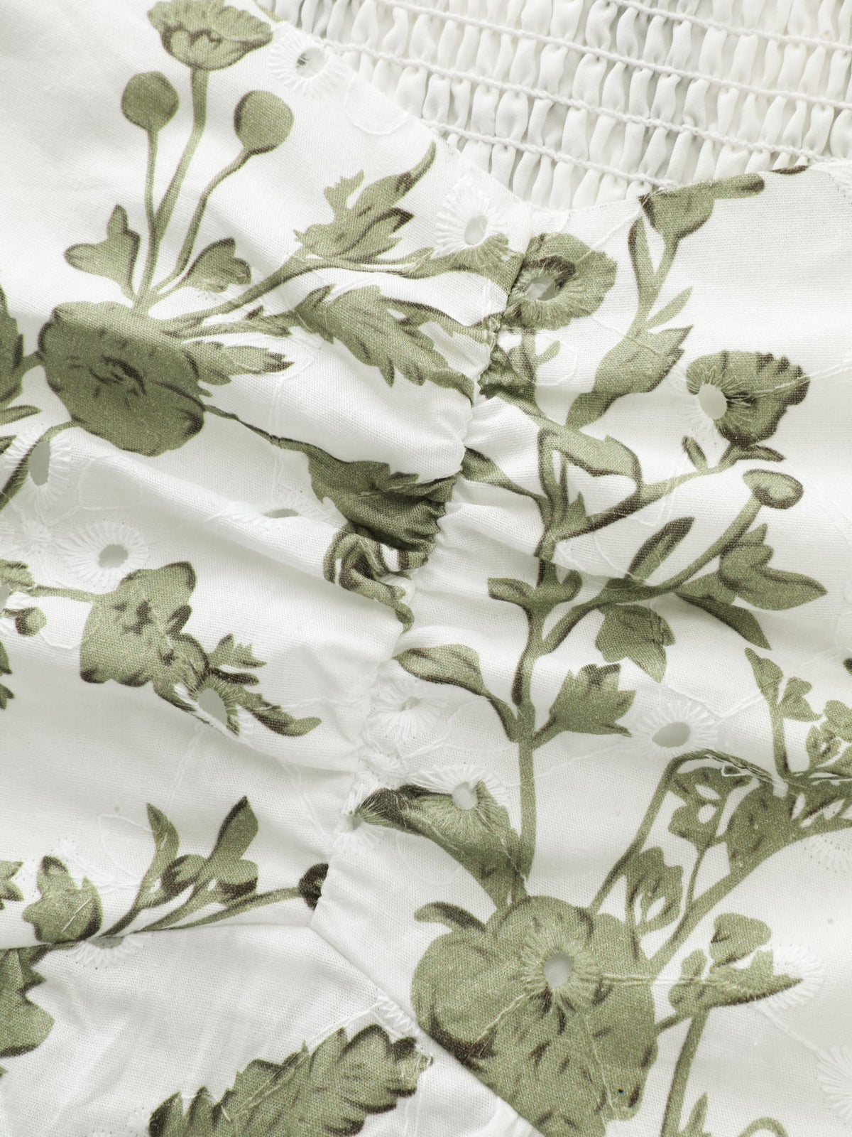 Cotton Floral Print Ruched Bubble Sleeve Blouse