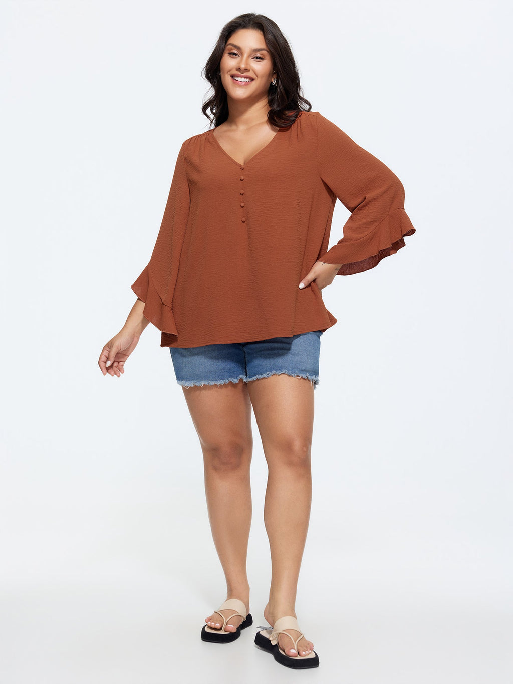 Ruffled Flared Sleeve Plain Blouse