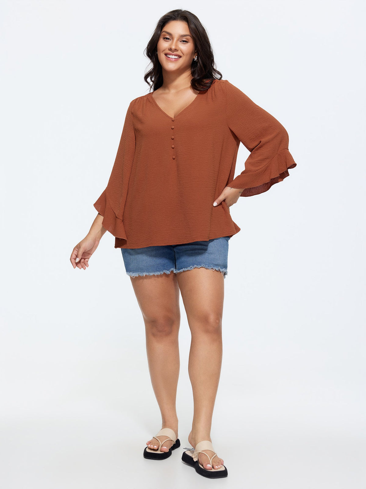 Ruffled Flared Sleeve Plain Blouse