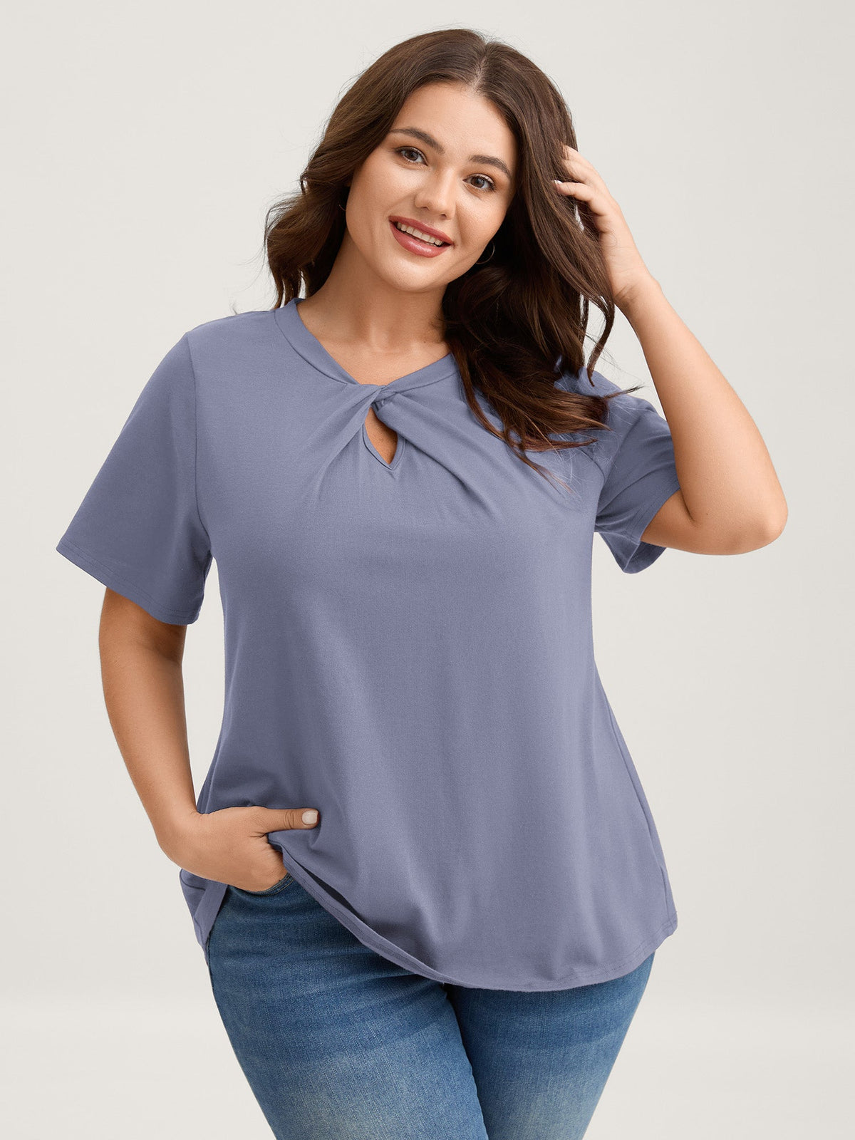 Knotted Cut-Out Neckline Solid T-Shirt