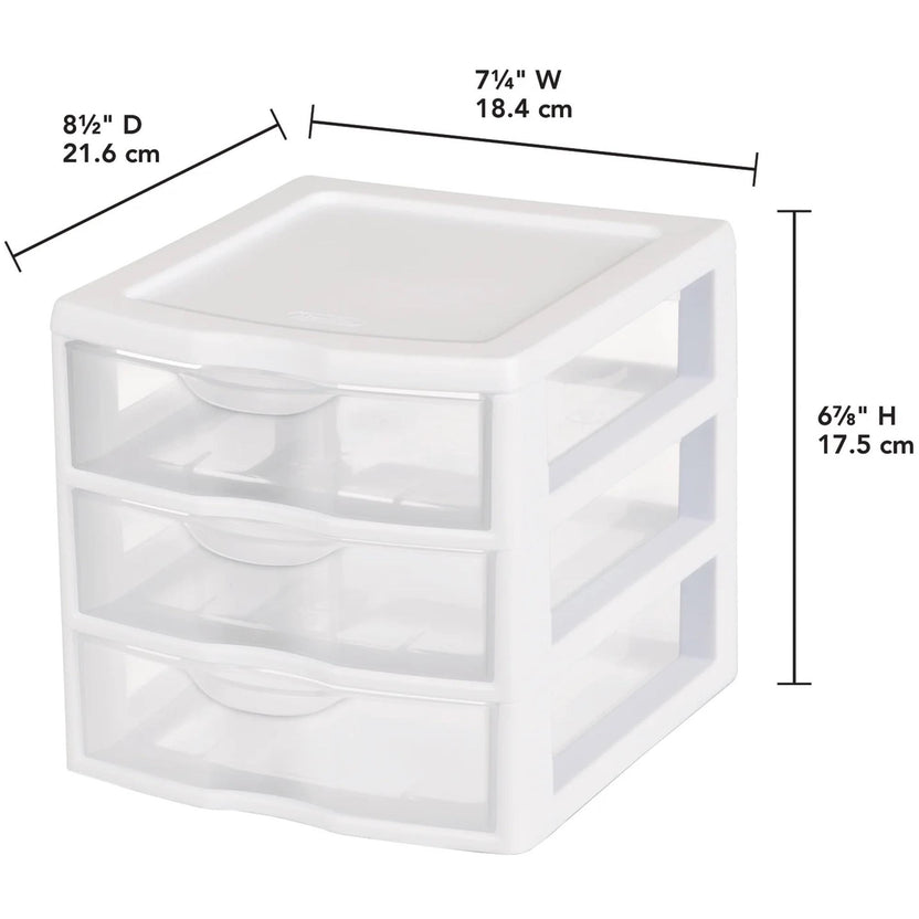 3-Tier Plastic Desktop Drawer Organizer, White Frame Semi-Clear Storage Chest for Desk, Vanity, Makeup & Small Office Supplies