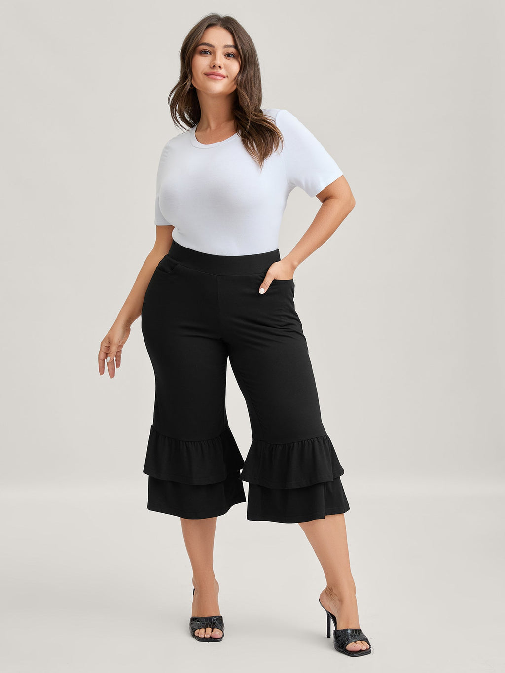 Layered Ruffled Flare Hem Capri Pants