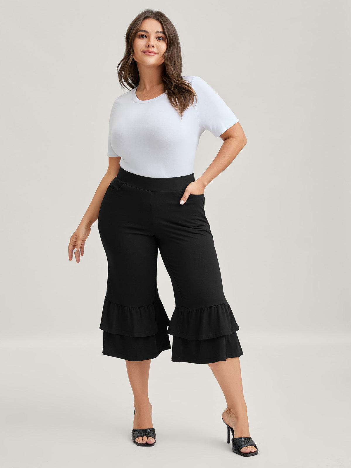 Layered Ruffled Flare Hem Capri Pants