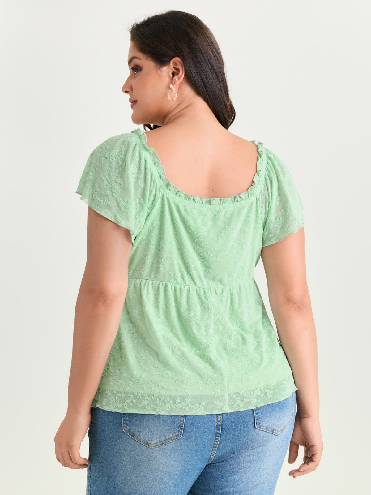 Flocked Floral Drawstring Neckline Knit Top
