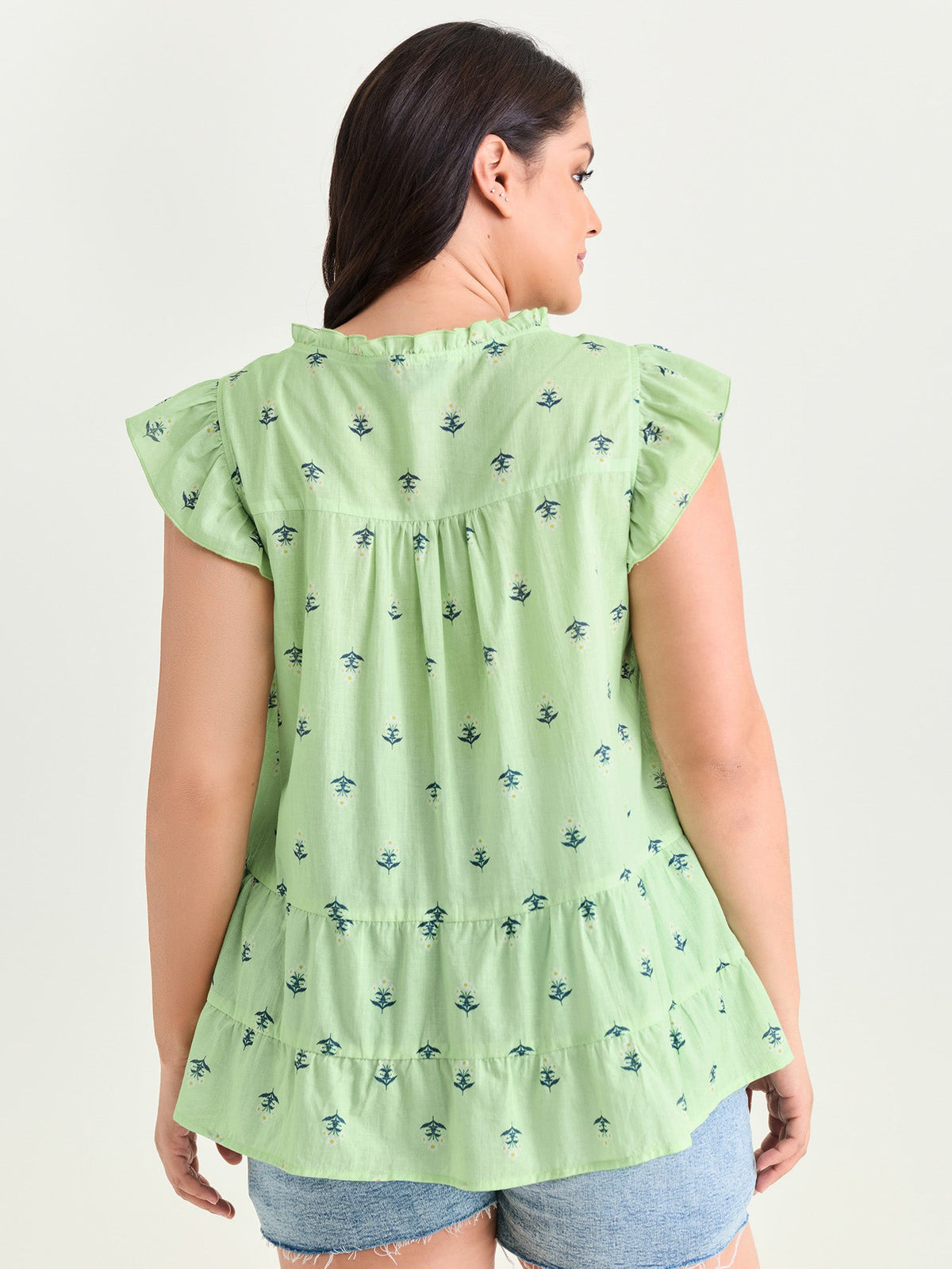 Cotton Anchor Print Lace Ruffled Sleeve Blouse