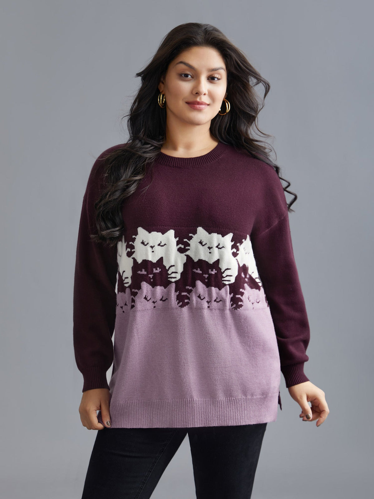 Cat Contrast Drop Shoulder Pullover