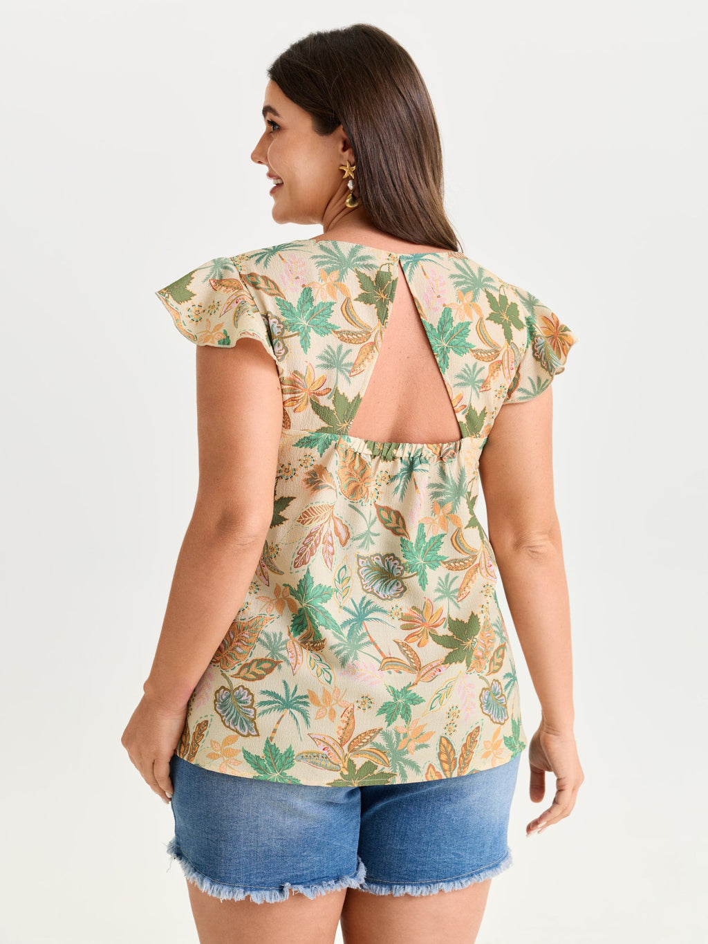 Bright Floral Texture Open-Back Blouse