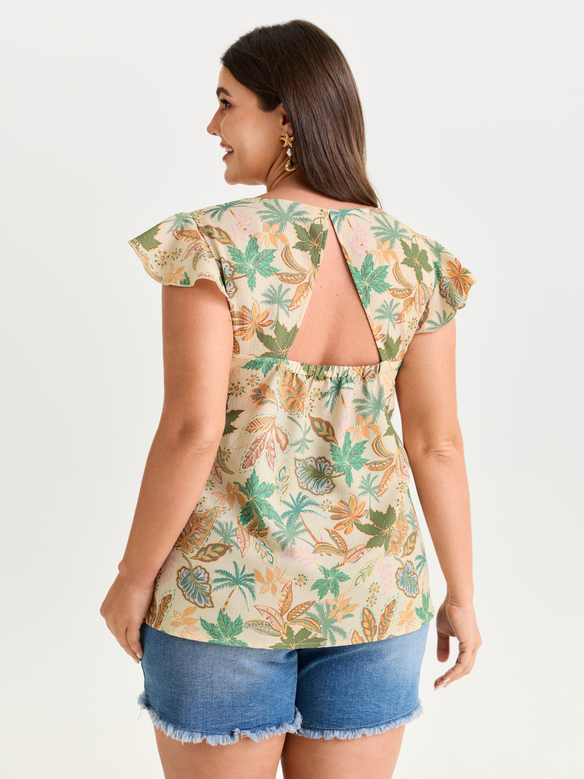 Bright Floral Texture Open-Back Blouse