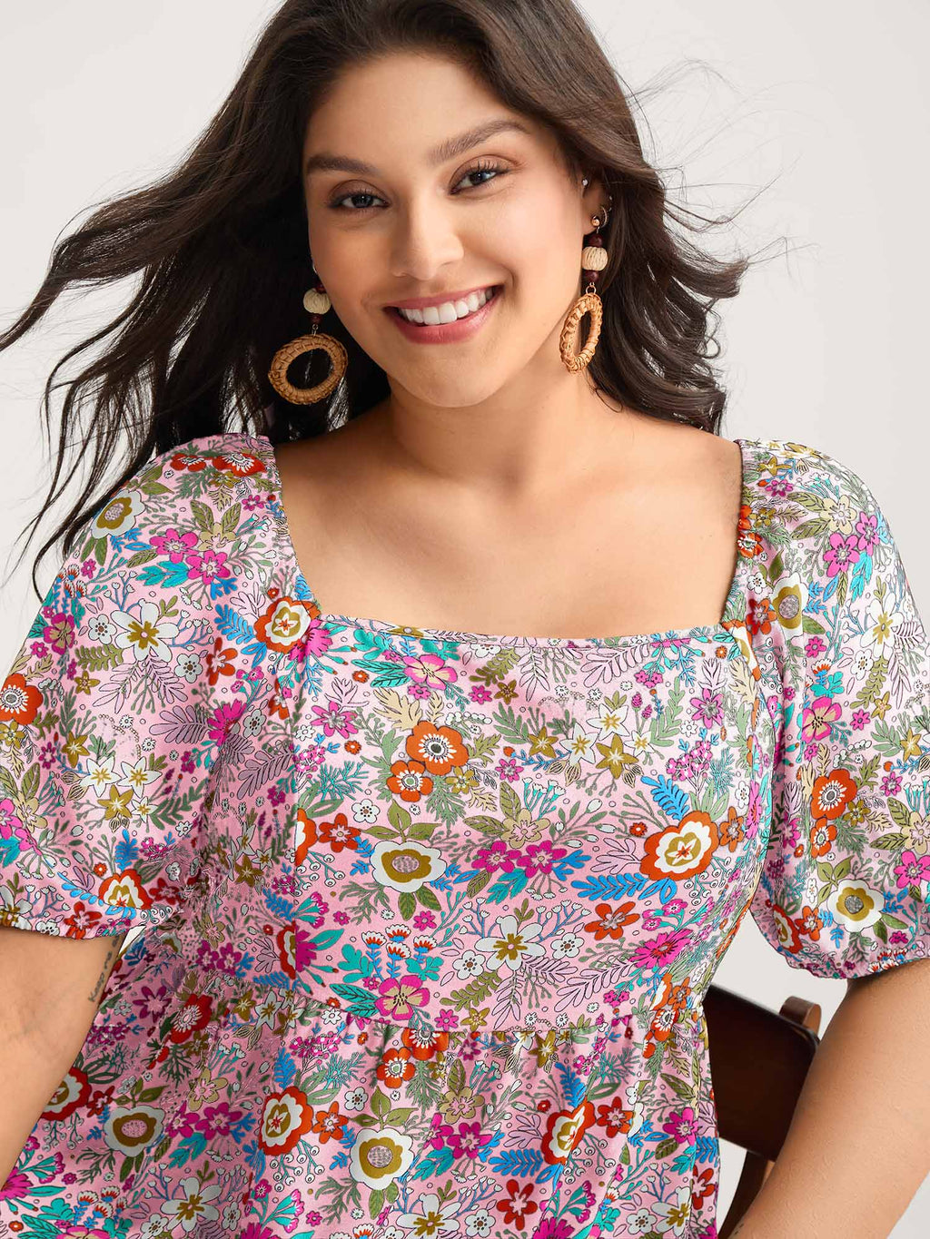 Floral Square Neck Fit and Flare Blouse