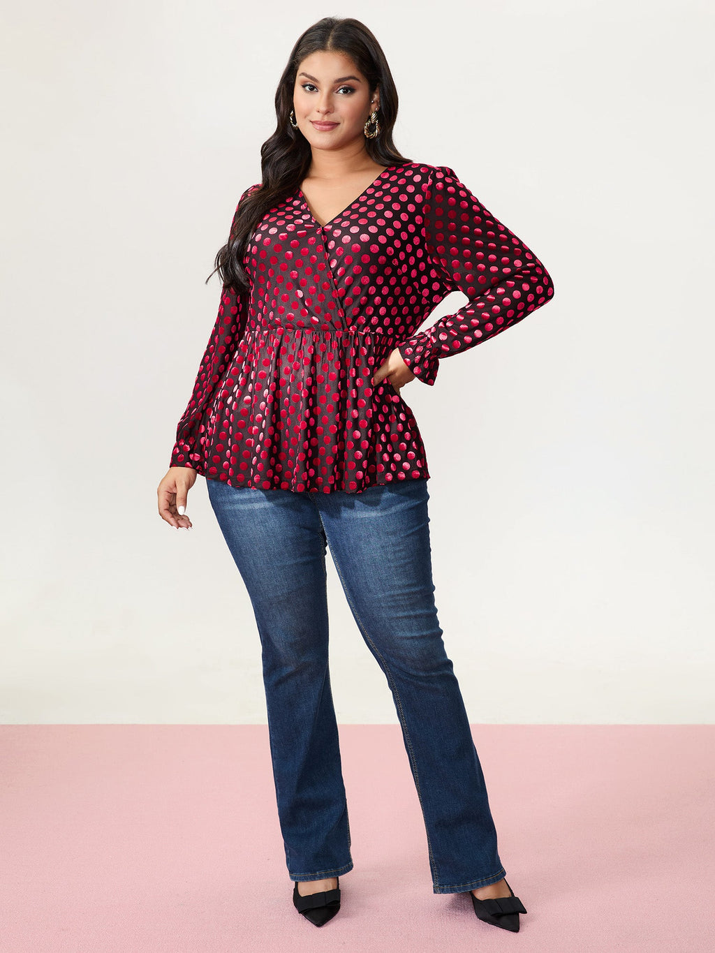 Velvet Heart Print Stretchy Waist Blouse
