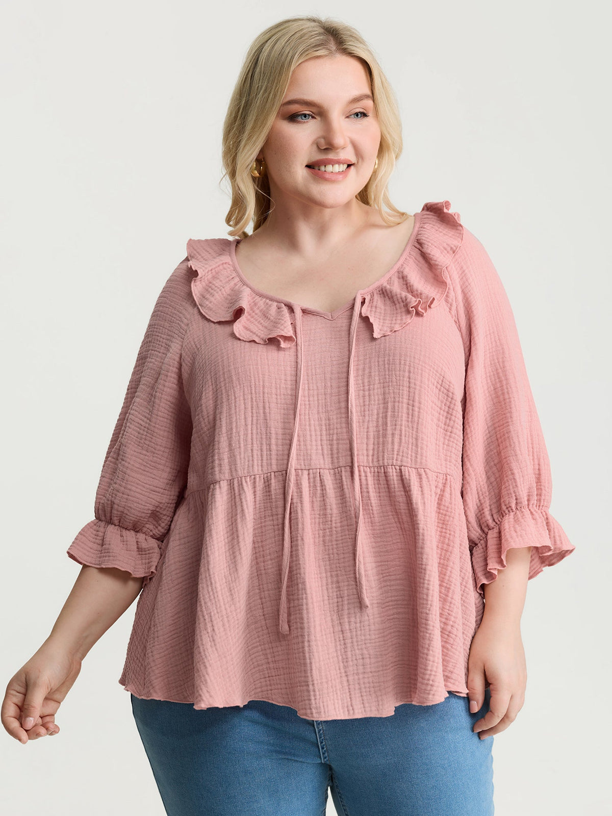 Pure Cotton Lotus Leaf Neckline Plain Blouse