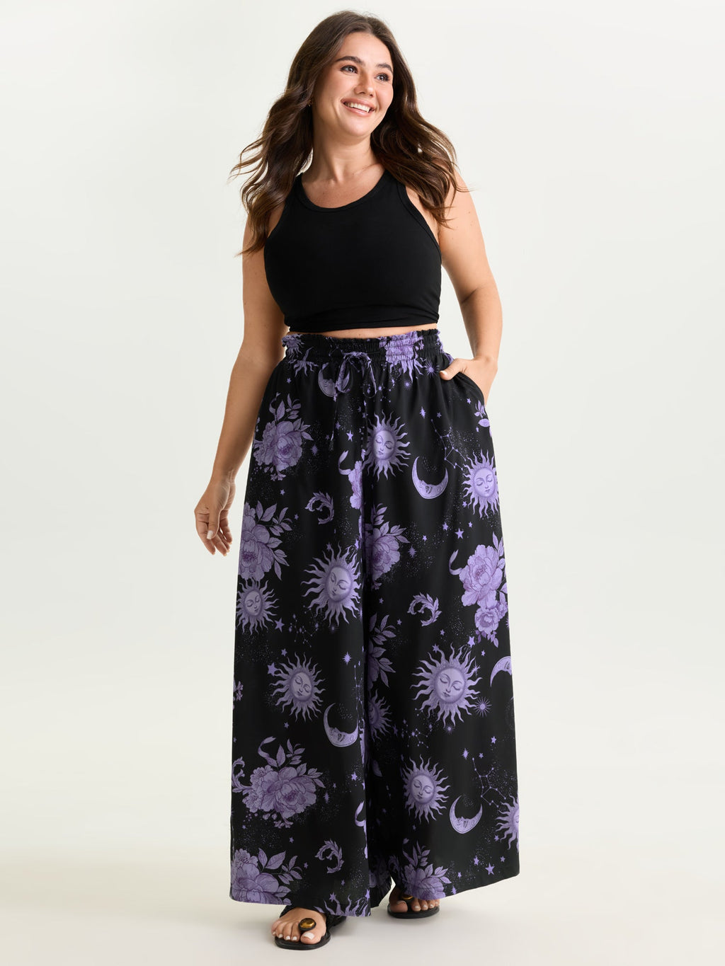 Star Moon Print Wide Waistband Pants