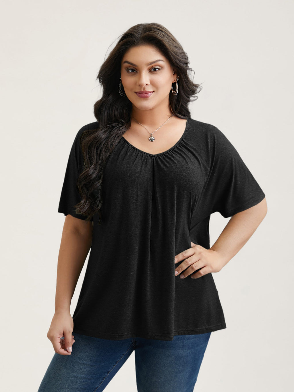Pleated Plain Half-Sleeve Knit Top