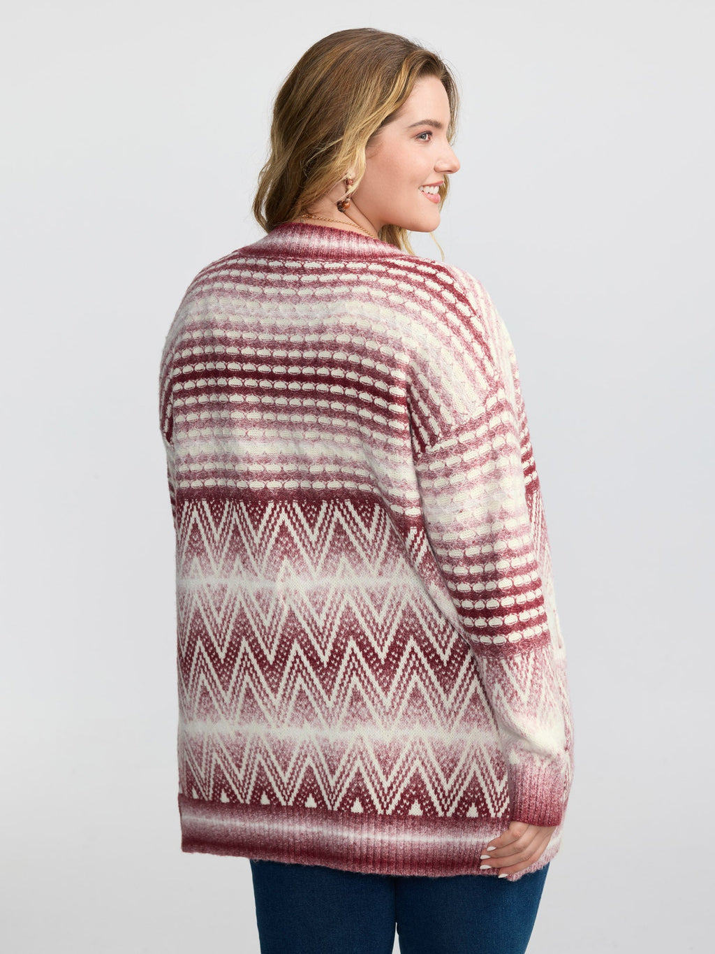Geometric Pattern Pockets Open-Front Knit Cardigan
