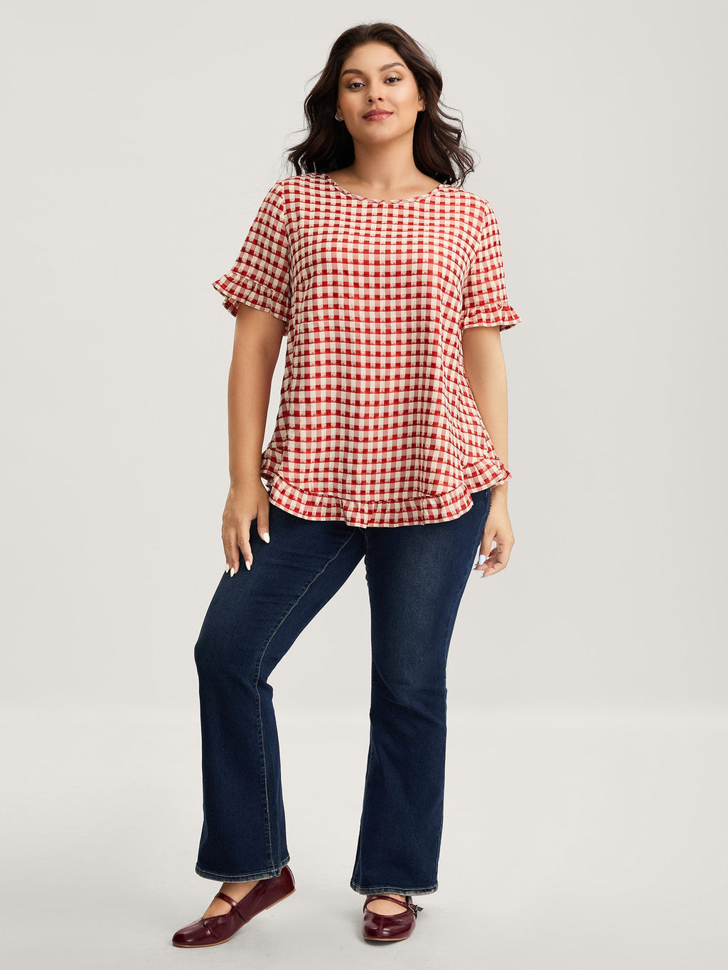 Gingham Print Button Back Blouse