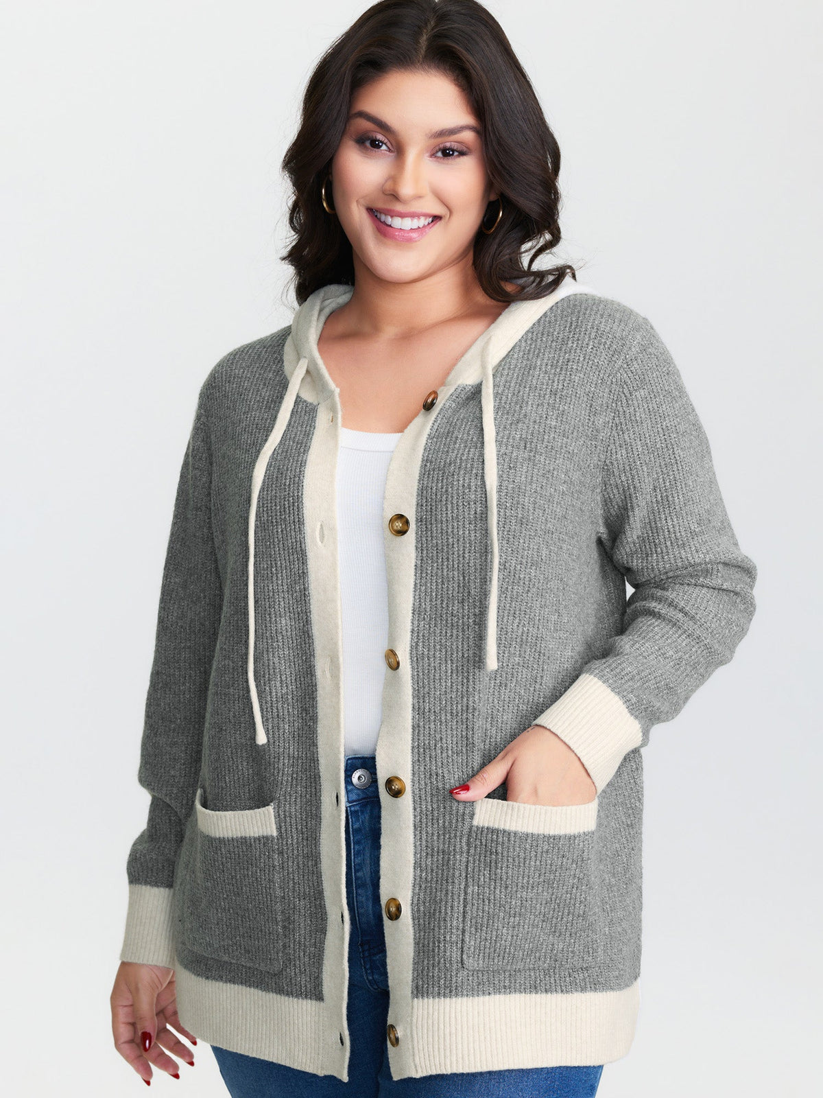 Hooded Colorblock Pockets Button Knit Cardigan
