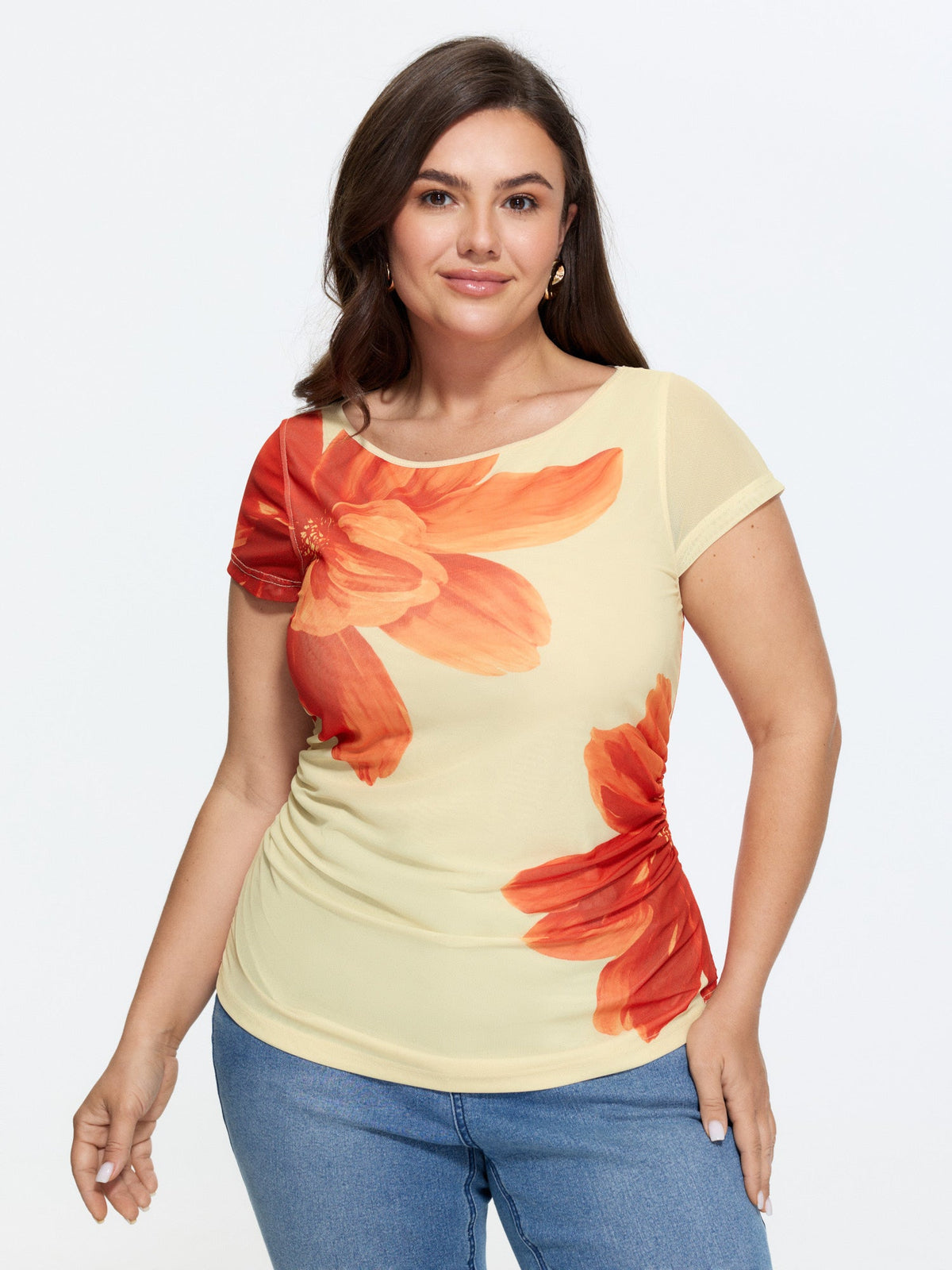 Floral Print Boat Neckline Fitted T-Shirt
