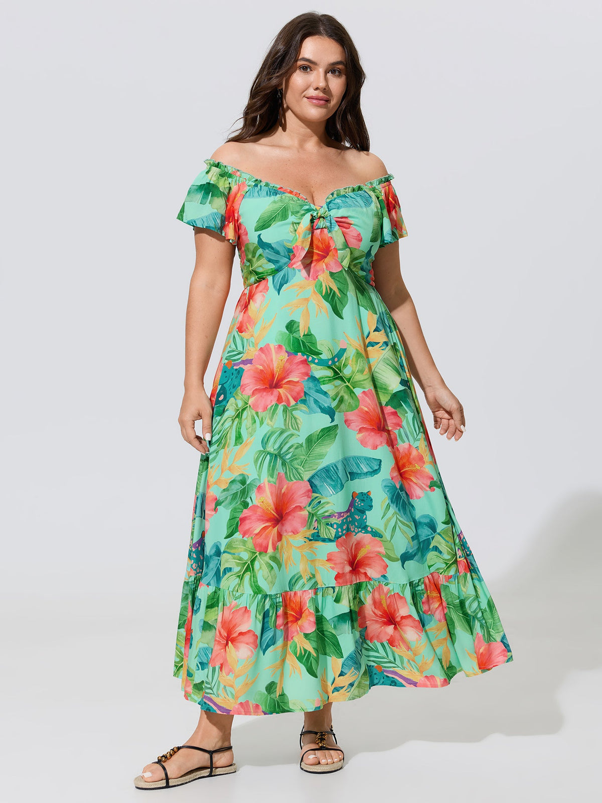 Tropical Floral Print Tie Front Ruffle Maxi Dress