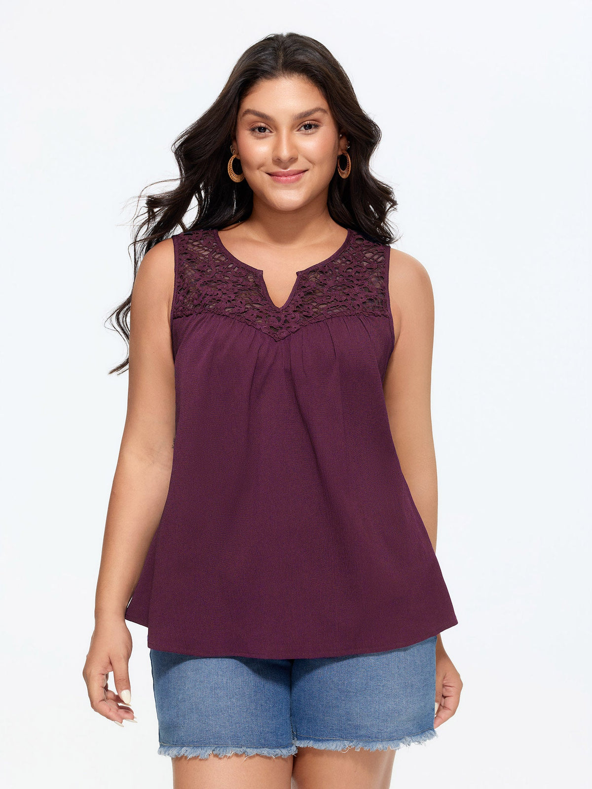Cut-Out Lace Neckline Pleated Tank Top