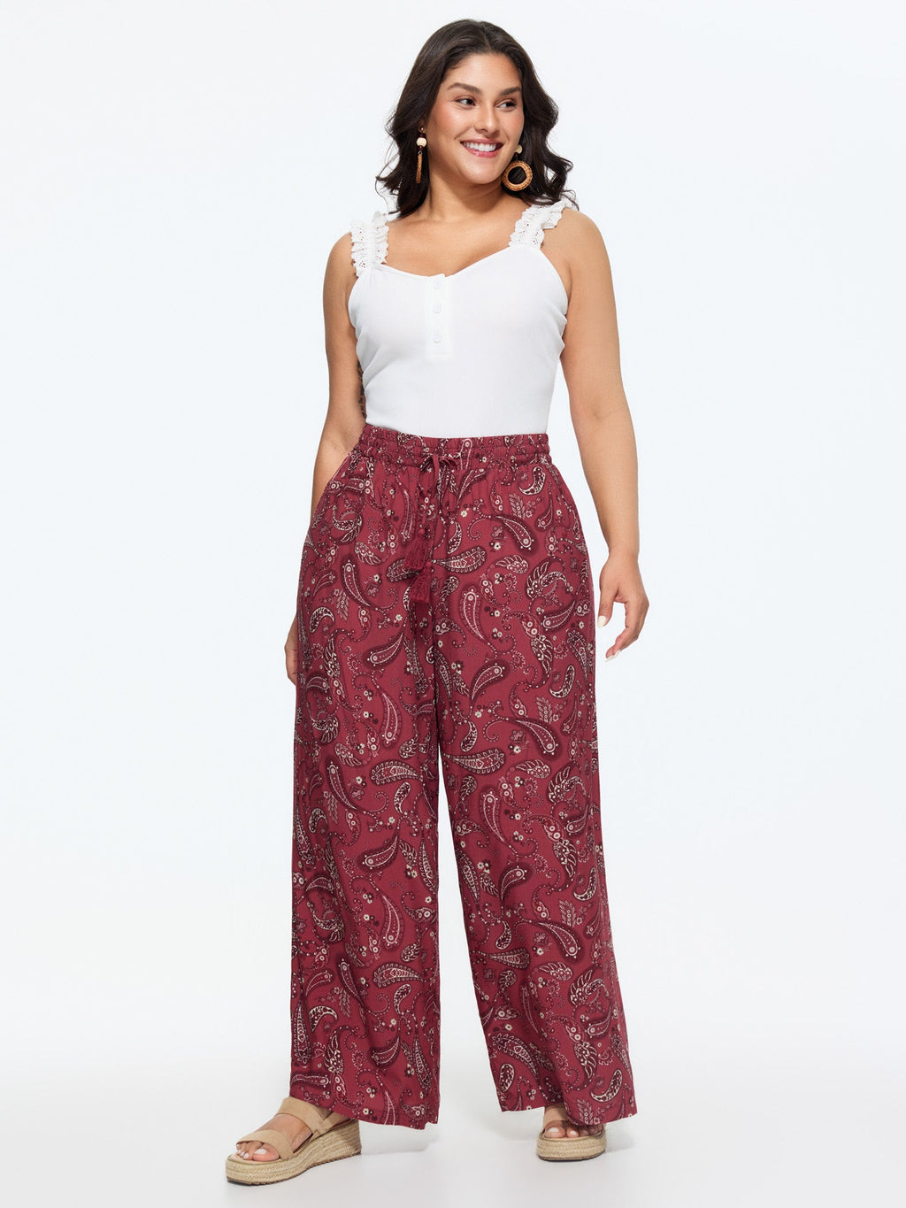 Damask Print Tassel Straight-Leg Pants
