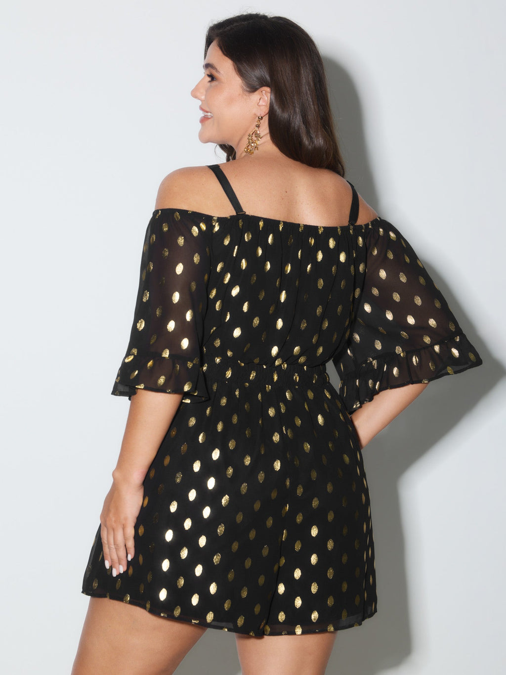 Gold Stamped Polka Dots Off-Shoulder Romper