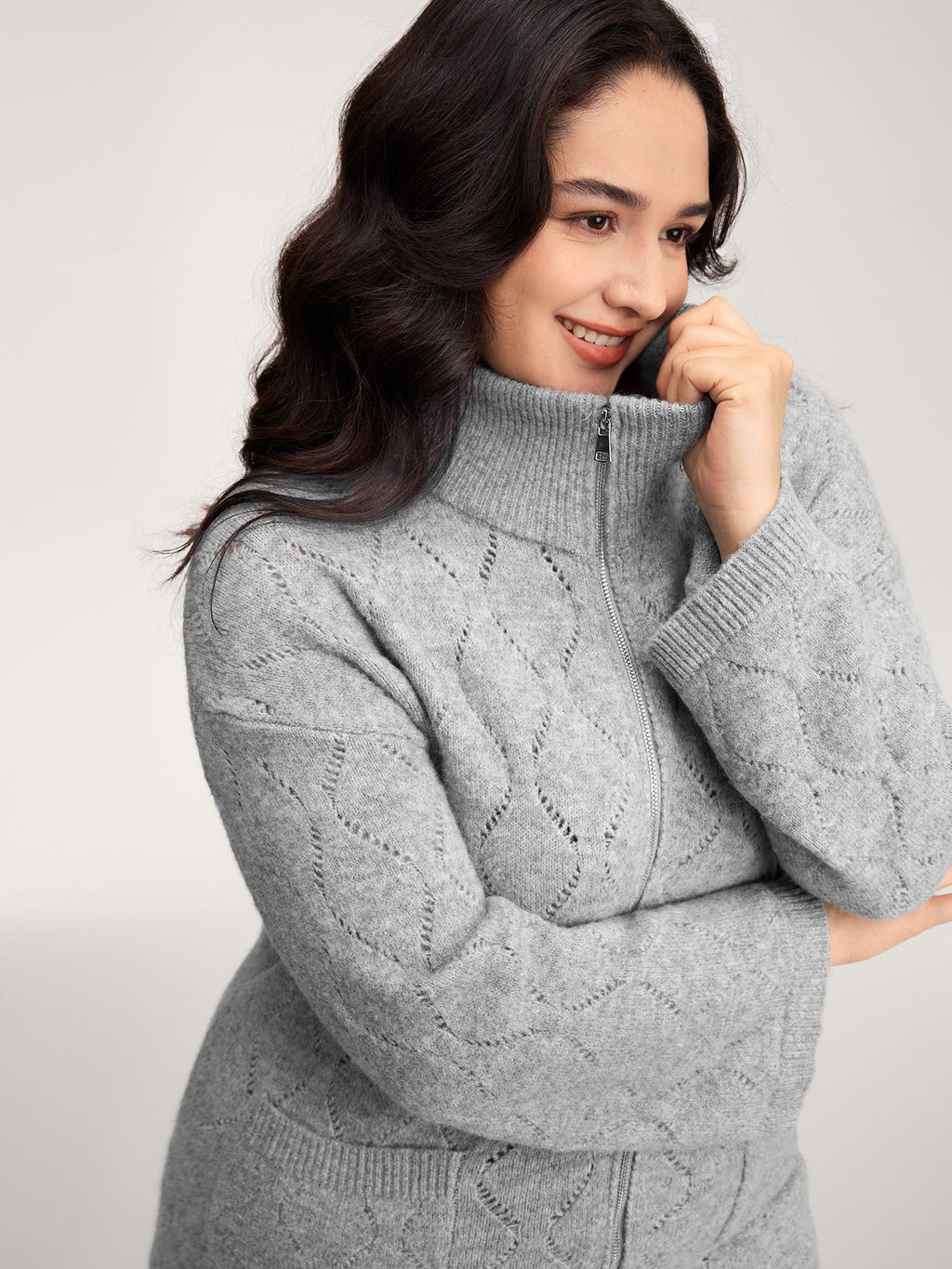 Textured Flared Sleeve Zipper Knit Cardigan