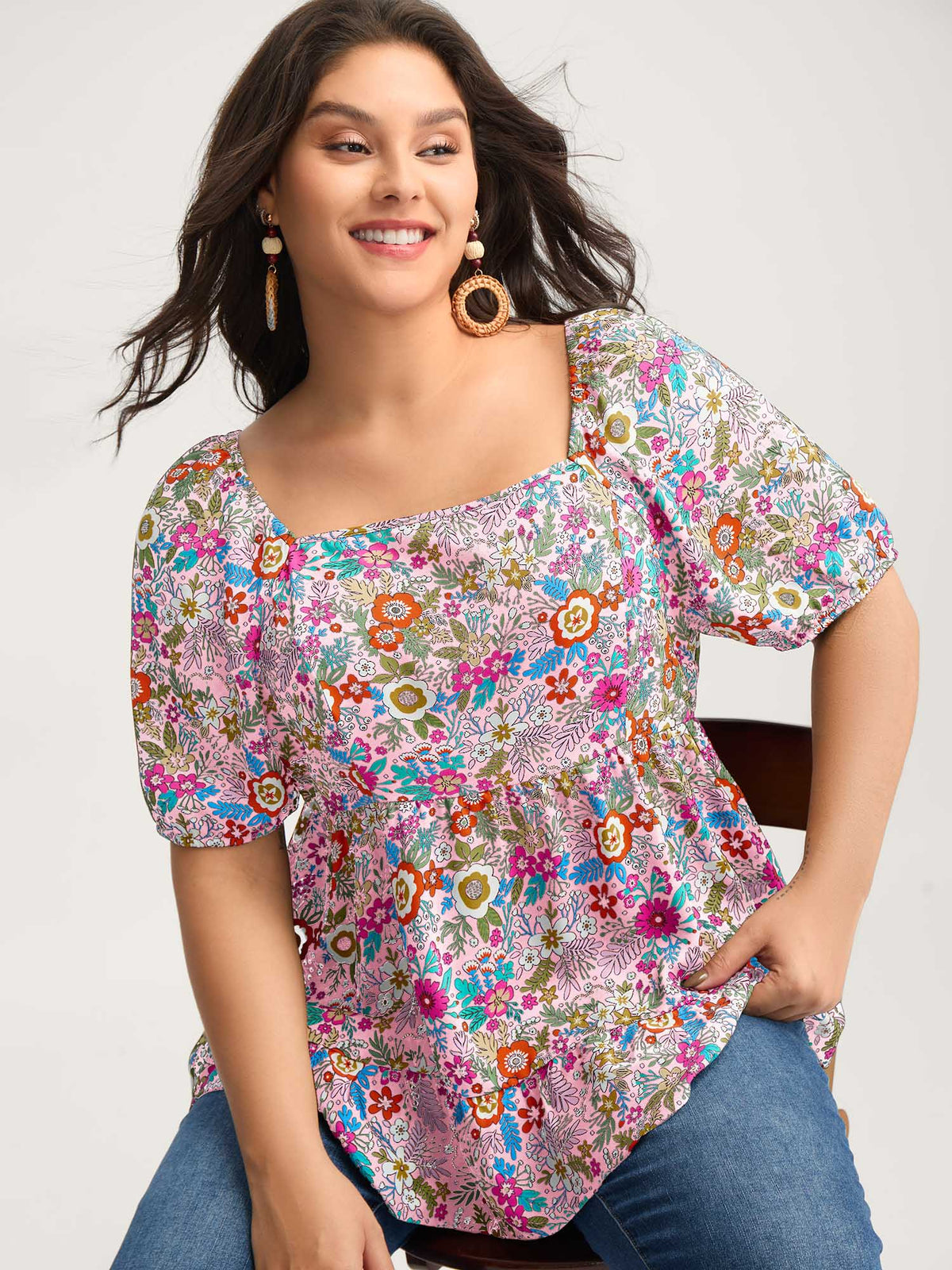 Floral Square Neck Fit and Flare Blouse