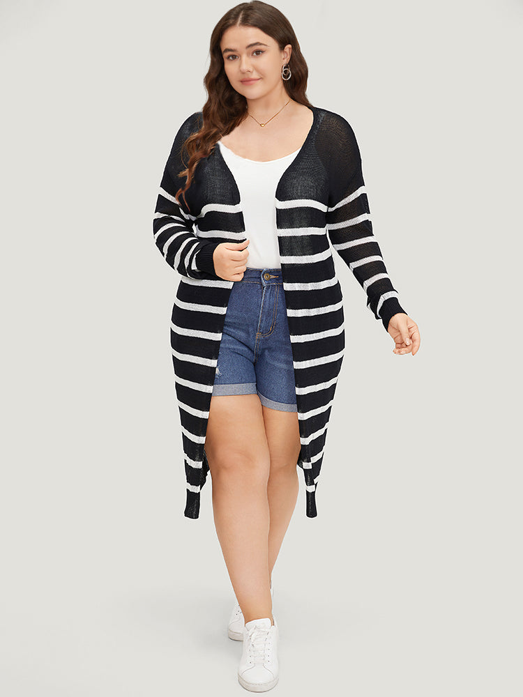 Striped Open Front Elastic Cuffs Drop Shoulder Cardigan