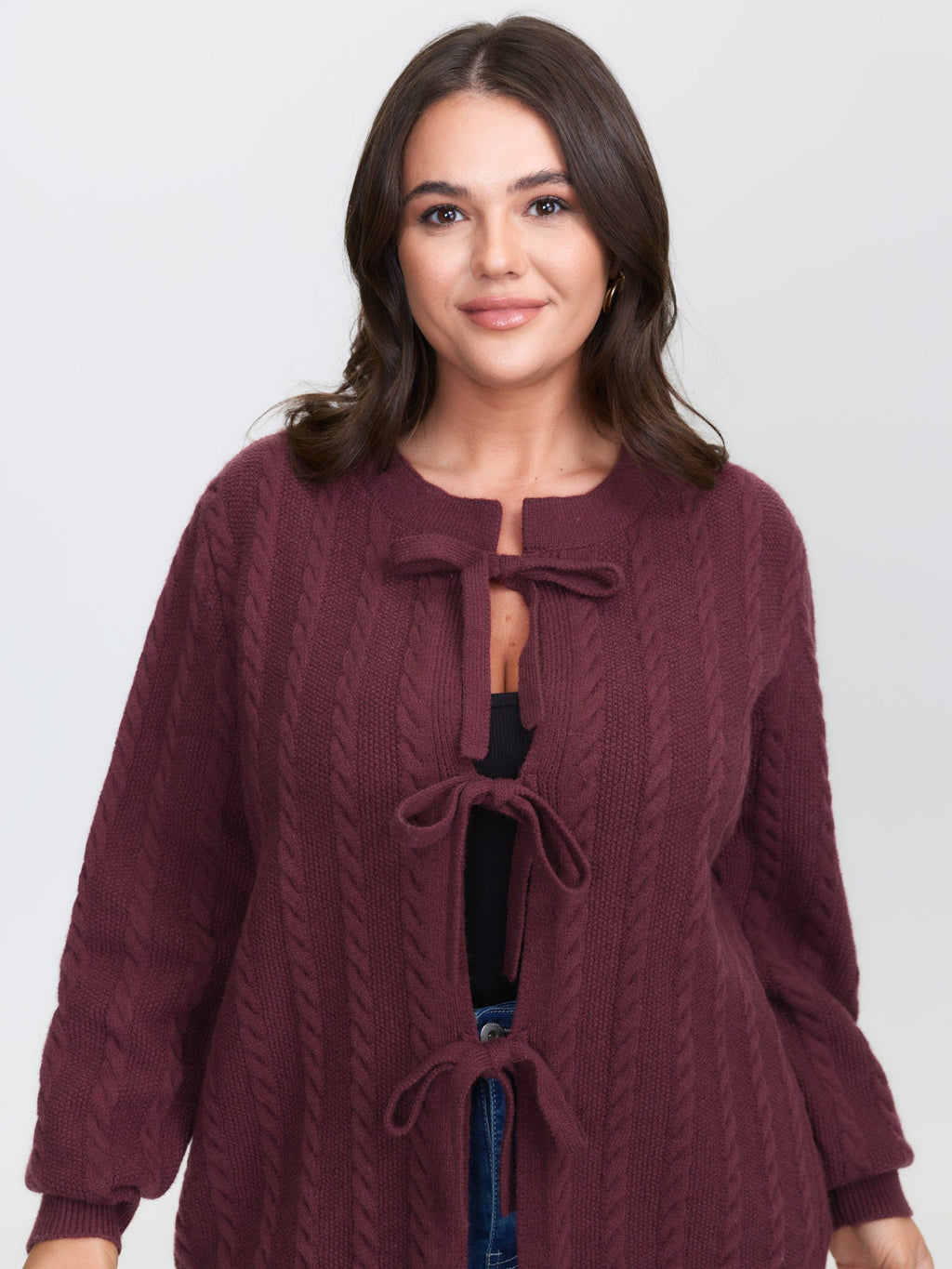 Stretchy Braided Textured Front-Tie Knit Cardigan