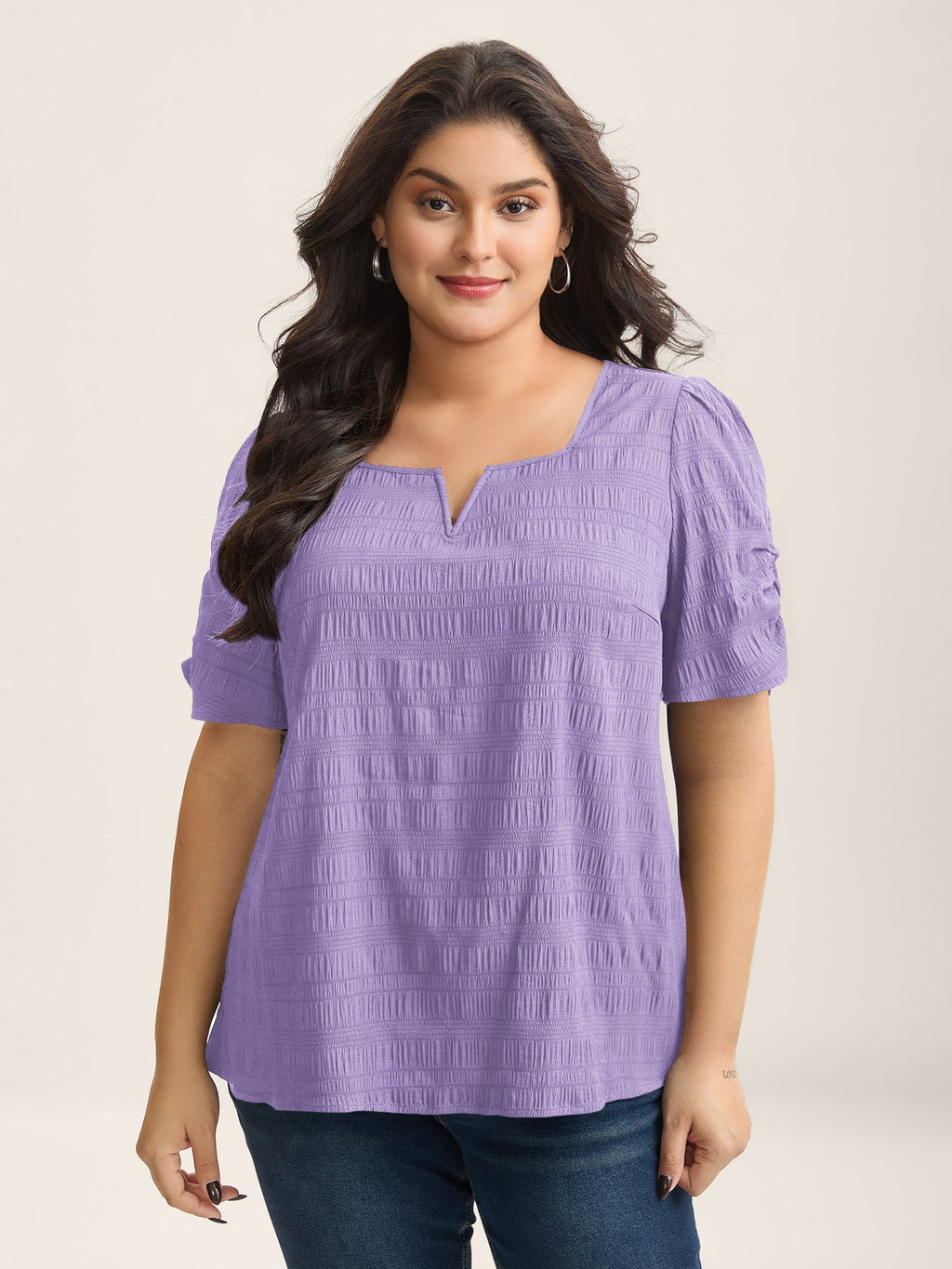 Textured Gathered Sleeve Split Neck Blouse