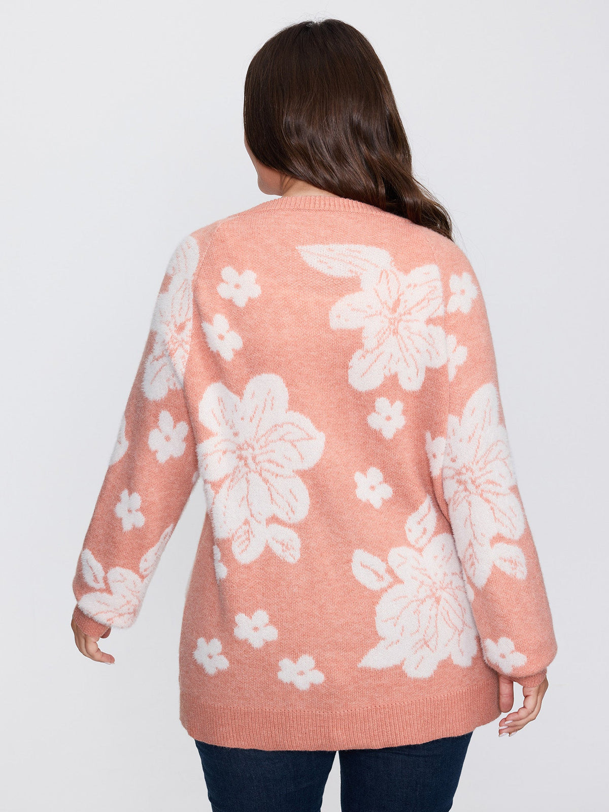 Supersoft Floral Pattern Round Neck Stretchy Knit Cardigan