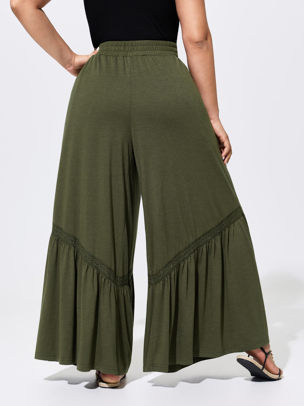 Stretchy Lace Trim Ruffled Hem Pants