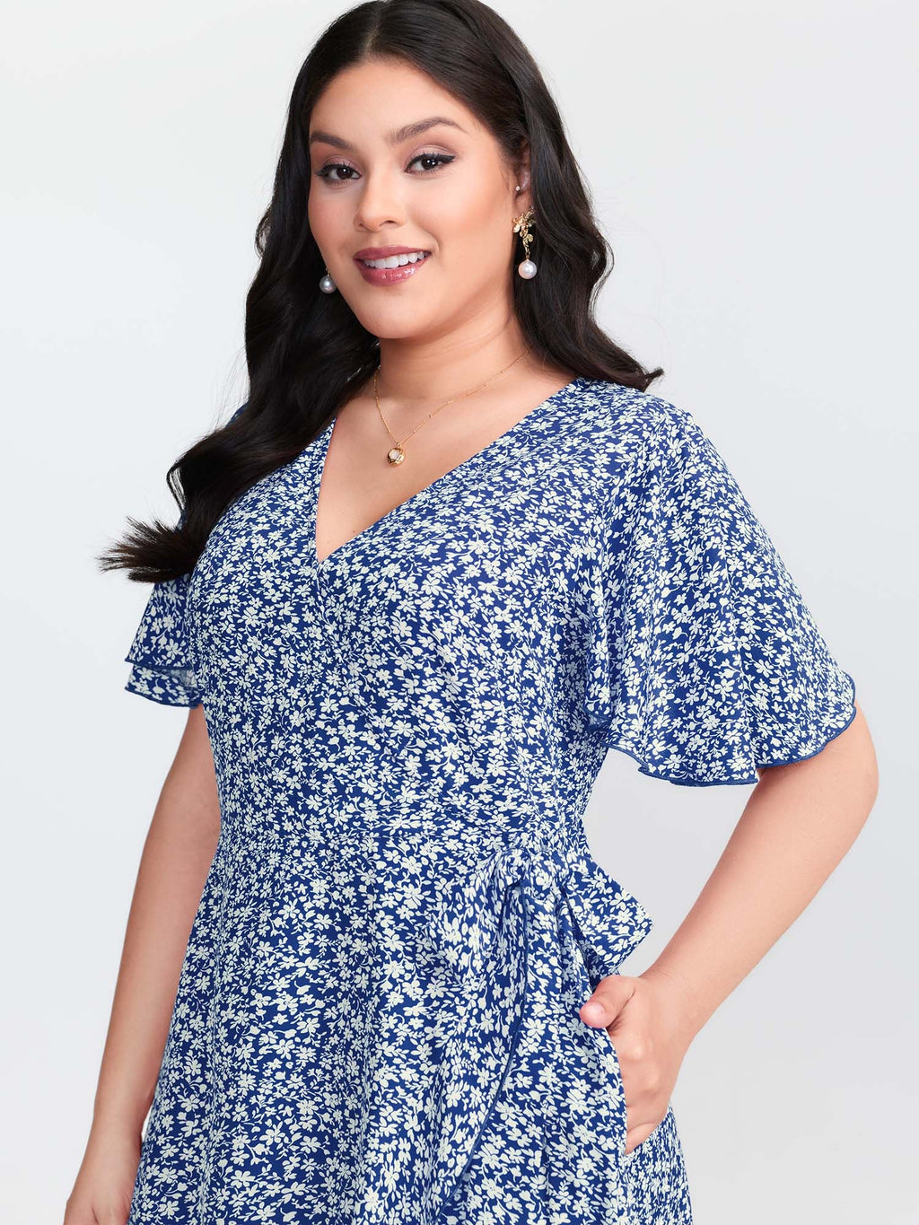 Ditsy Floral Print Flared Sleeve Maxi Dress