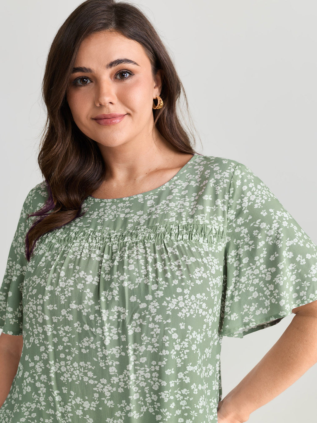 Floral Ruffle Sleeve Gathered Round Neck Blouse