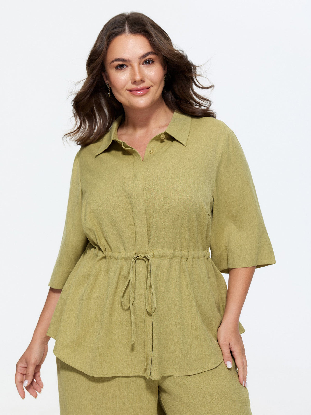 Lapel Collar Drawstring Waist Blouse