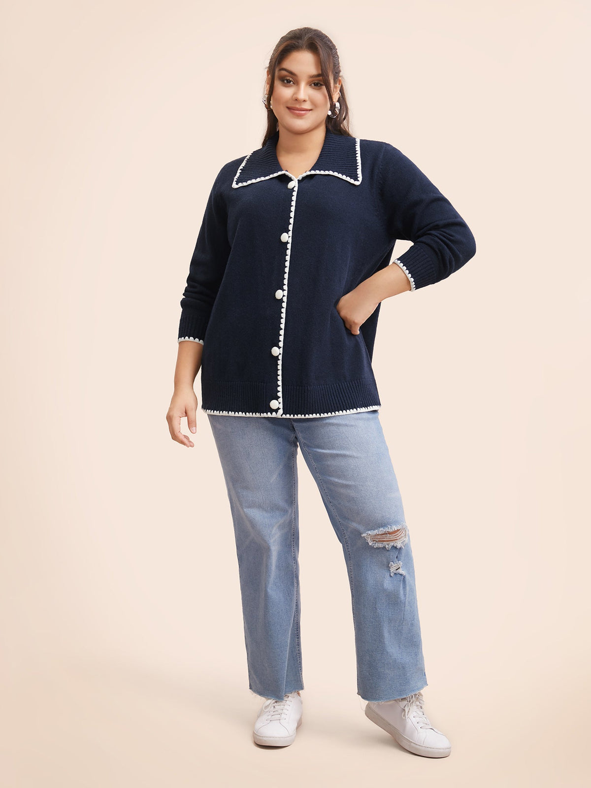 Lapel Collar Contrast Trim Cardigan