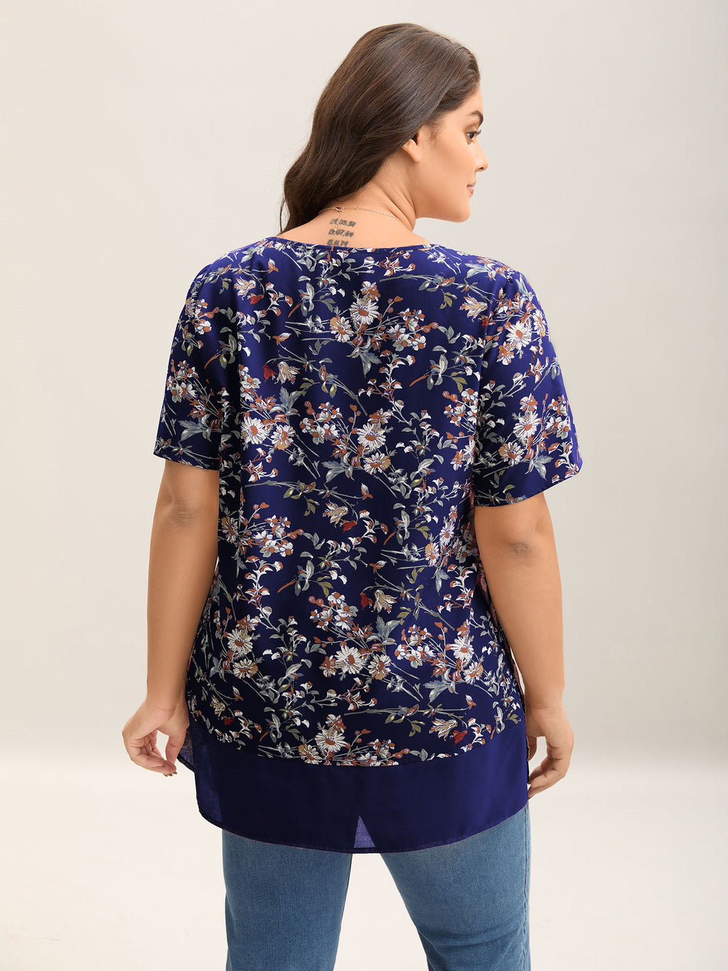 Garden Print Spliced V-Neck Blouse