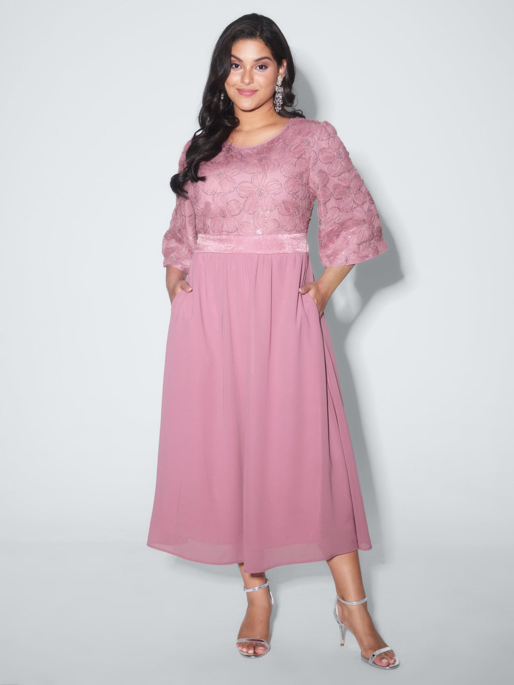 Sequin Floral Tulle Shirred Waist Midi Dress