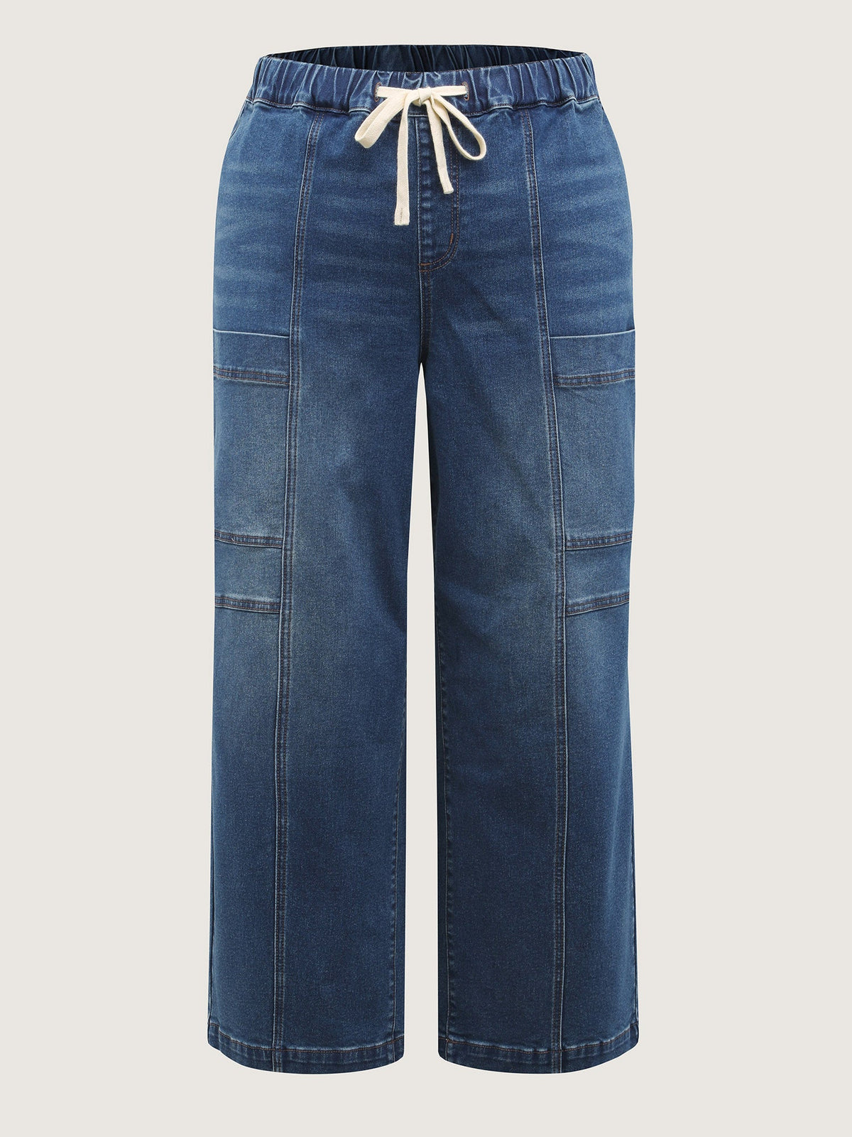 Pull-On Drawstring Straight-Leg Cargo Jeans