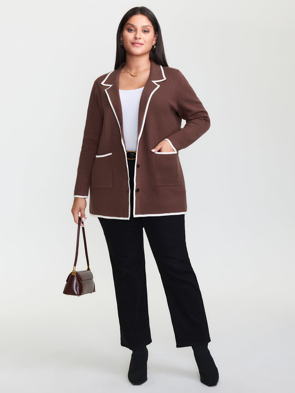 Suit Collar Color Contrast Pockets Knit Cardigan