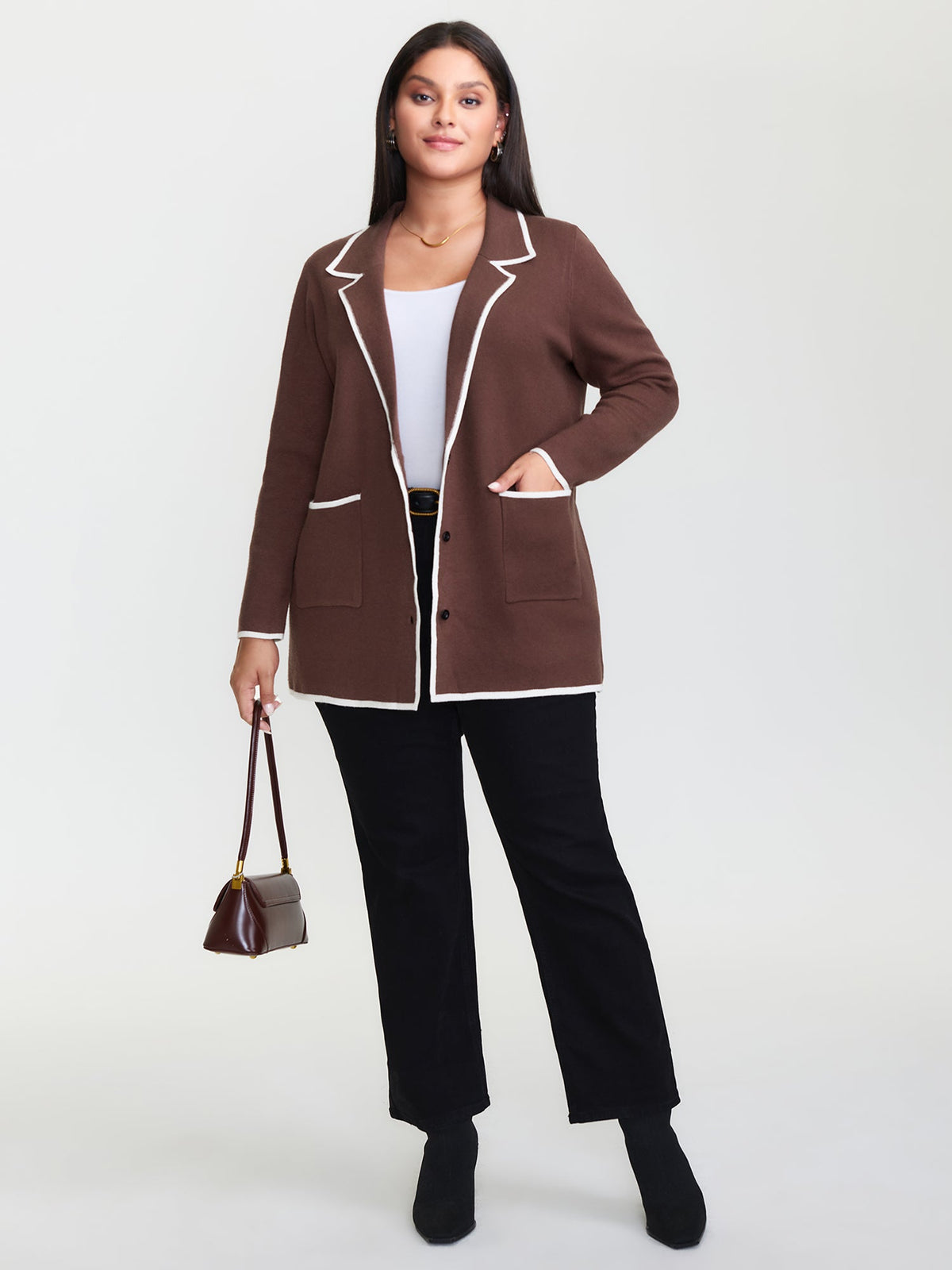 Suit Collar Color Contrast Pockets Knit Cardigan