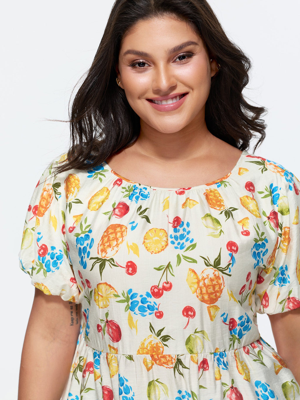 Fruit Print Bowknot Pleated Neckline Blouse